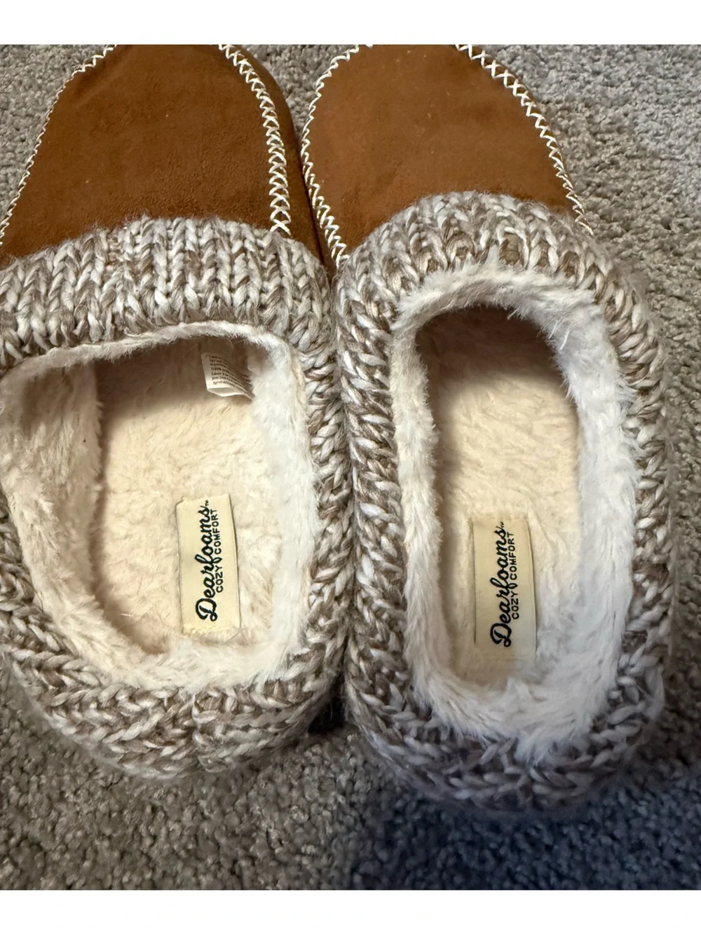 Dearfoams Brown slippers with white zigzag stitching, worn Size XL US 11-12